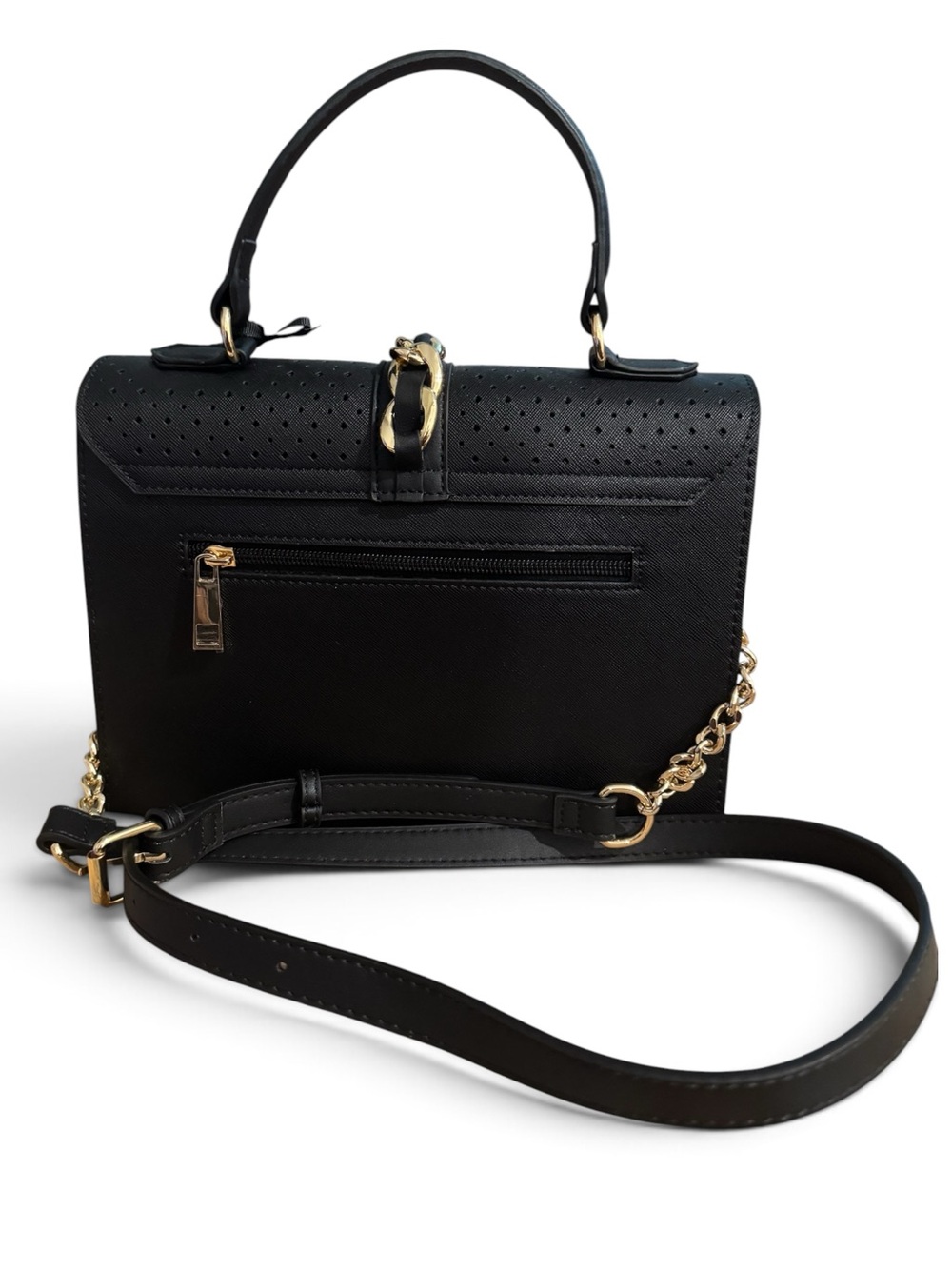Aldo Black Perforated Top-Handle Crossbody with Gold Tone Chain Strap Hooks - Picture 6 of 8